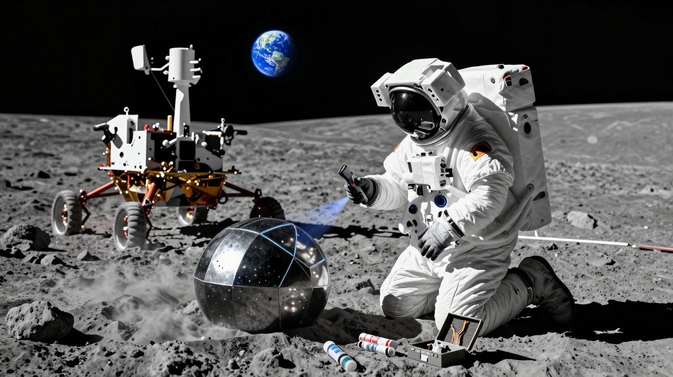 Astronauta em fato espacial explora objeto metálico na superfície lunar com a Terra visível ao fundo.