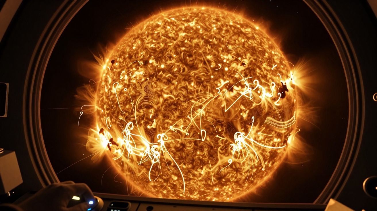 Vista do sol com detalhes das protuberâncias solares, observada a partir de uma nave espacial.