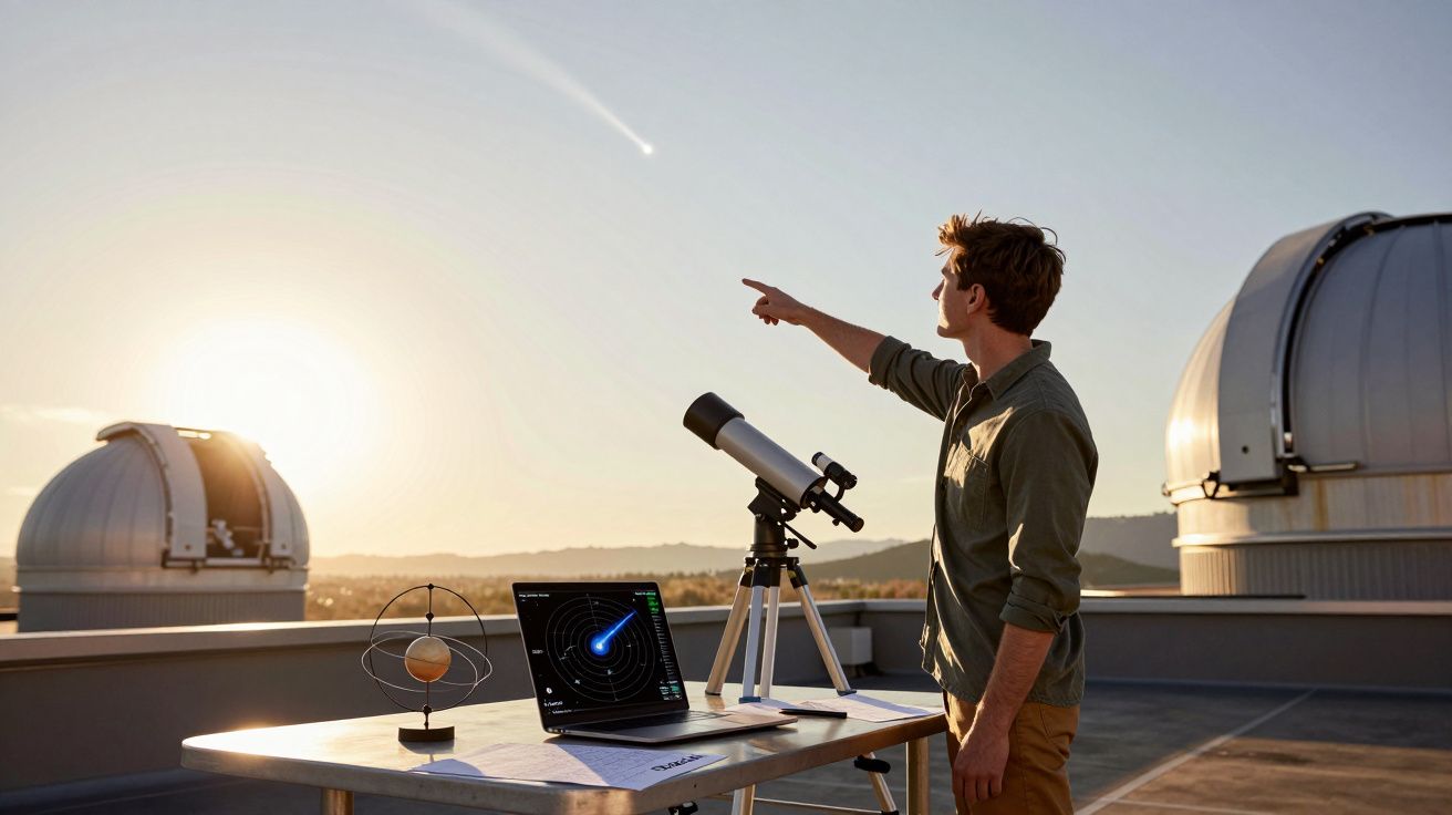 Homem observa com telescópio e aponta para cometa visível no céu durante o pôr do sol no observatório.