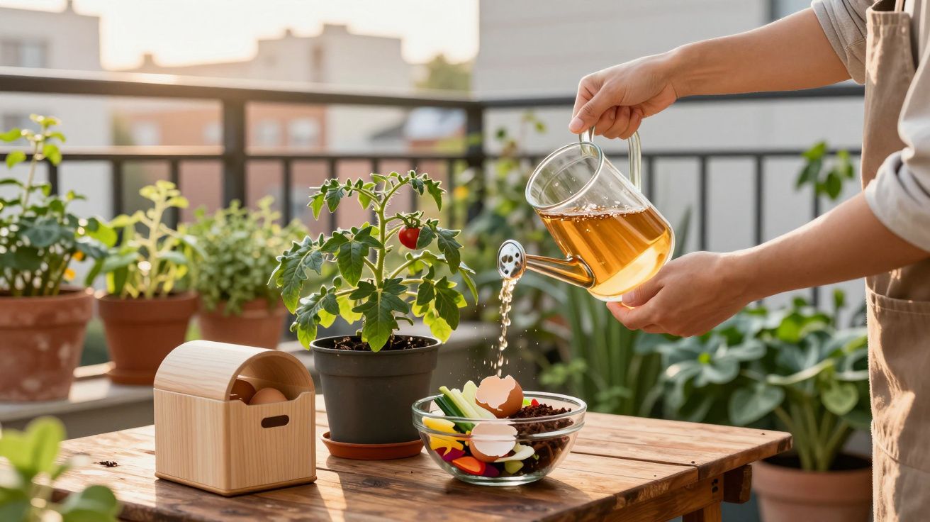 Pessoa a regar compoteira com líquido dourado numa varanda com planta de tomateiro e caixas de compostagem.