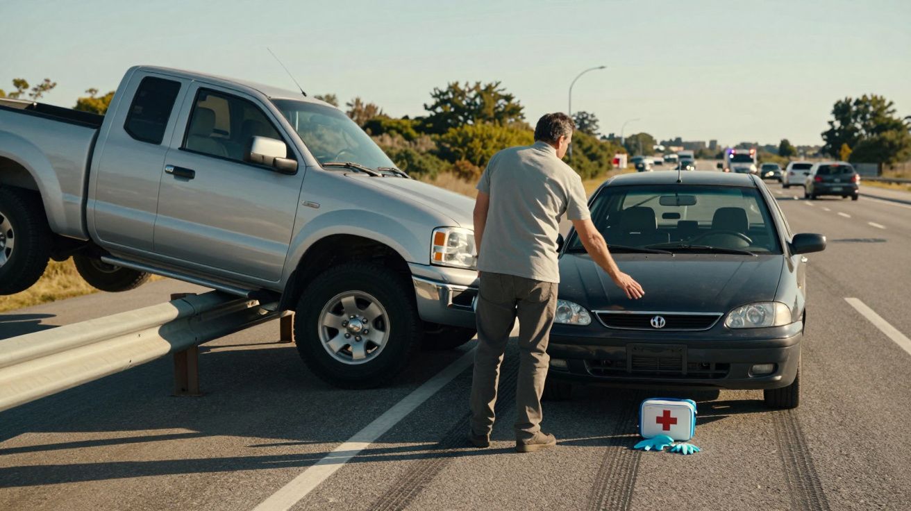 Homem verifica carro após acidente entre uma carrinha e um carro num autoestrada com caixa de primeiros socorros no chão.