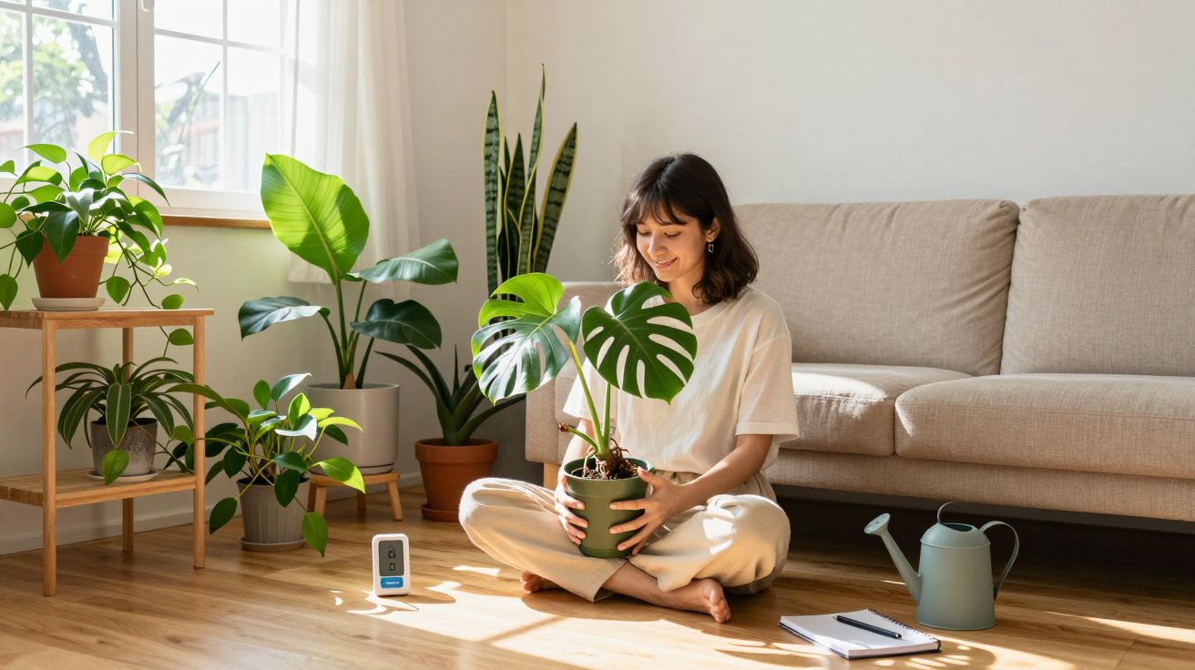 Mulher sentada no chão a cuidar de planta numa sala iluminada com várias plantas e regador.
