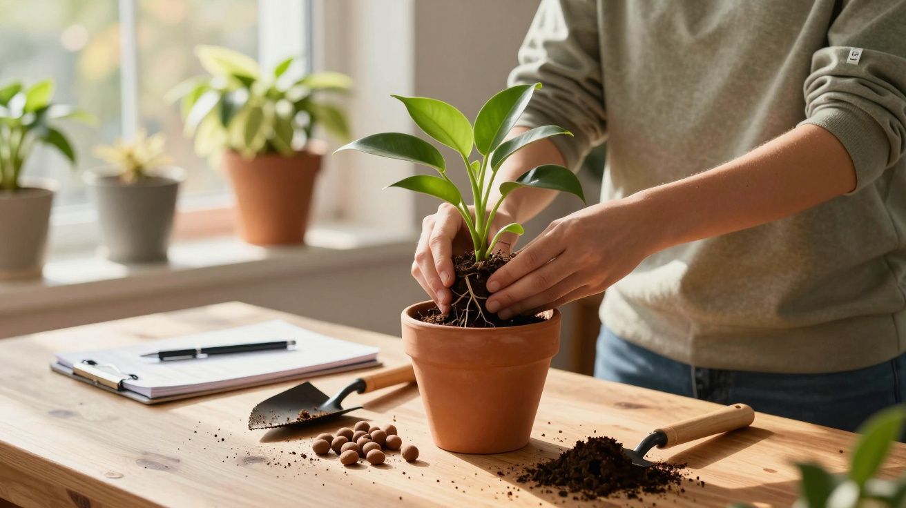 Pessoa a transplantar planta para vaso de barro numa mesa com terra e utensílios de jardinagem.