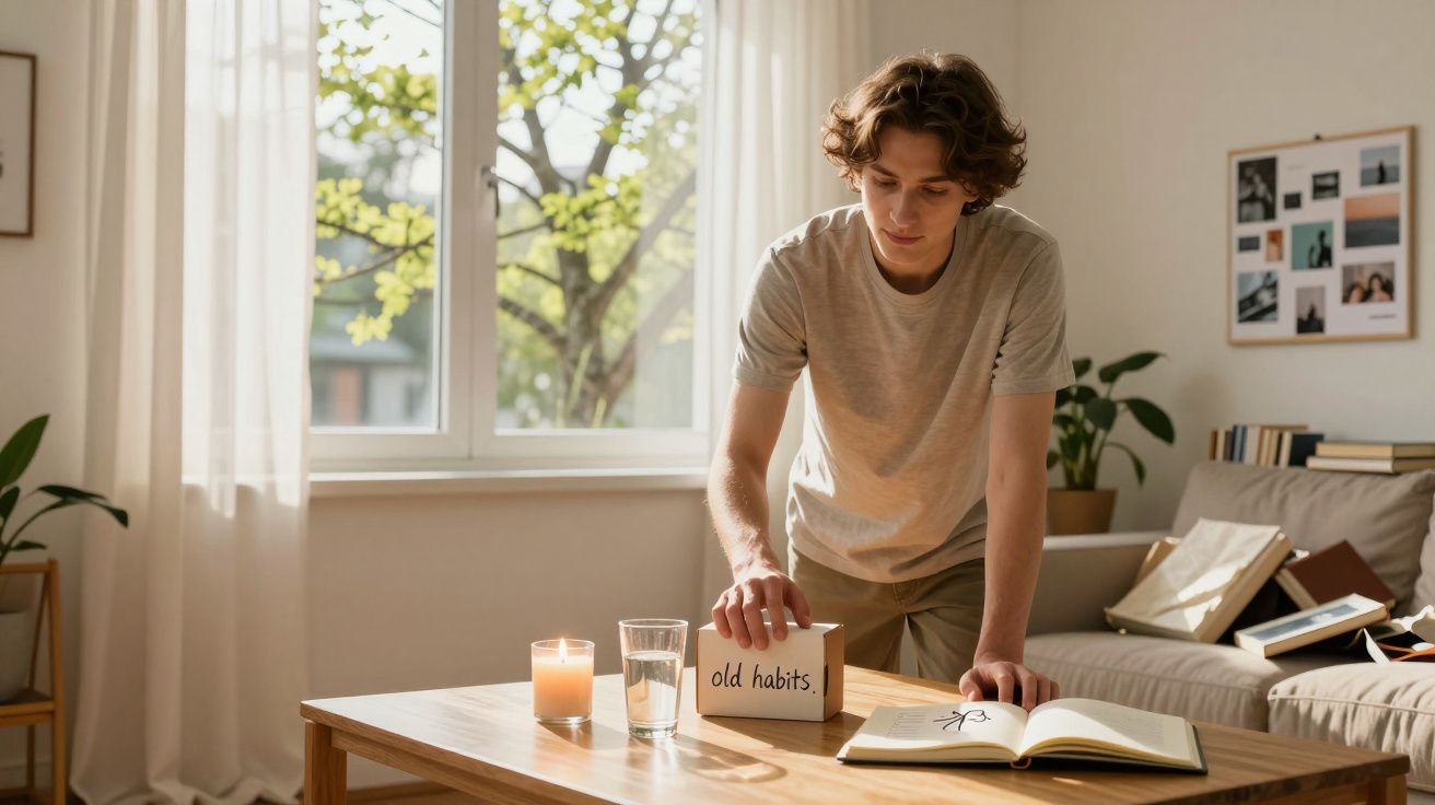 Jovem com camisola bege de mangas curtas lê livro num ambiente acolhedor com mesa, vela, copo de água e janela aberta.