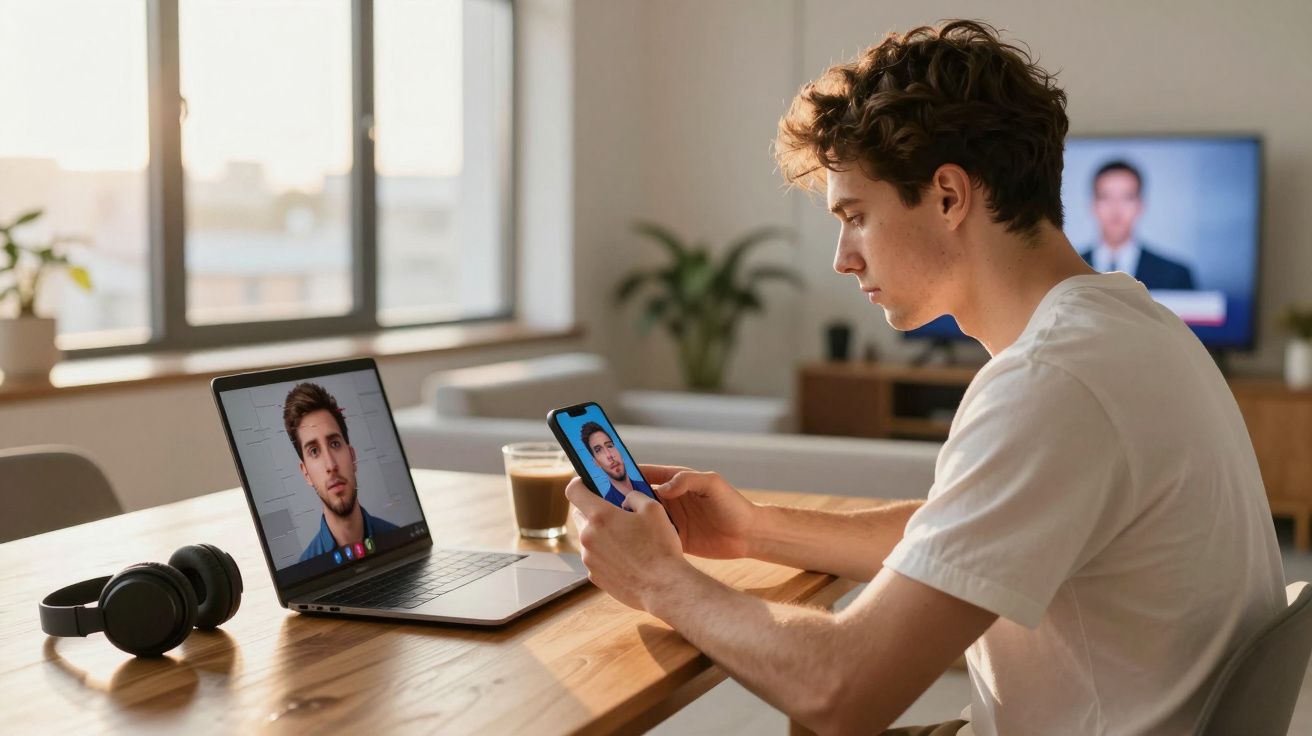 Jovem sentado à mesa a fazer videochamada em portátil e telemóvel, com auscultadores e café à sua frente.