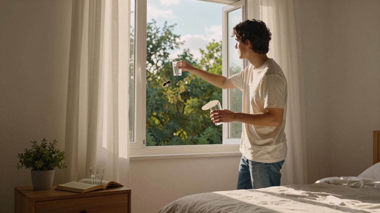 Homem liberta uma borboleta pela janela aberta de um quarto com luz natural e cama.