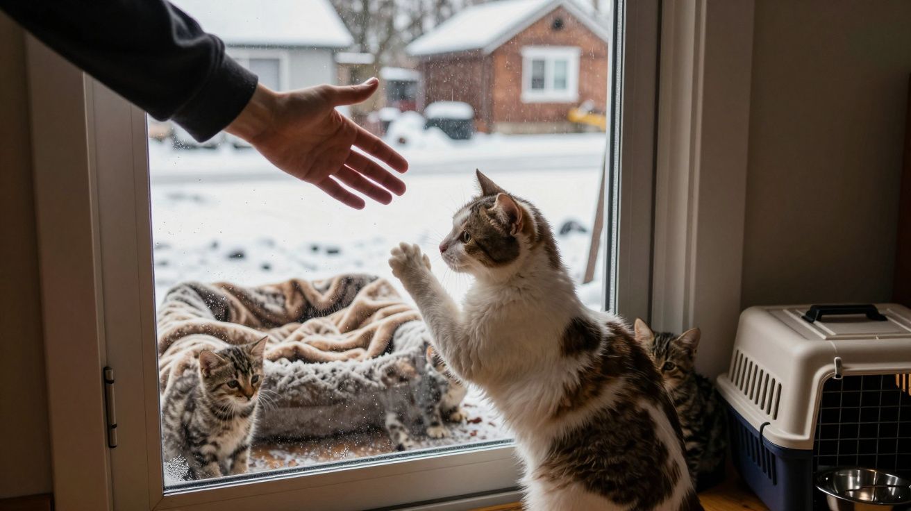 Gato dentro de casa a dar a pata a uma mão do lado de fora, enquanto outros gatos estão junto à porta de vidro.