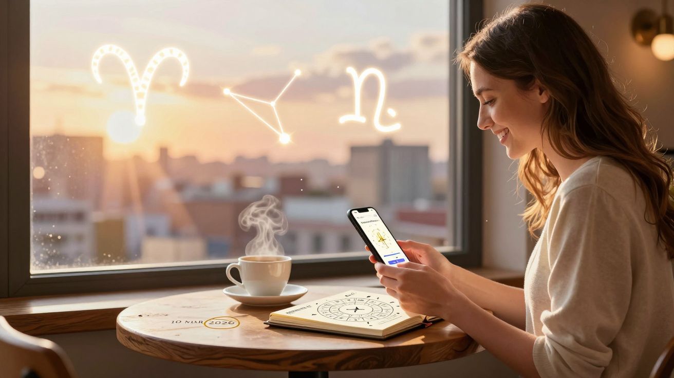 Mulher sorridente usa telemóvel para consultar mapa astral numa mesa com chá quente e livro de astrologia.