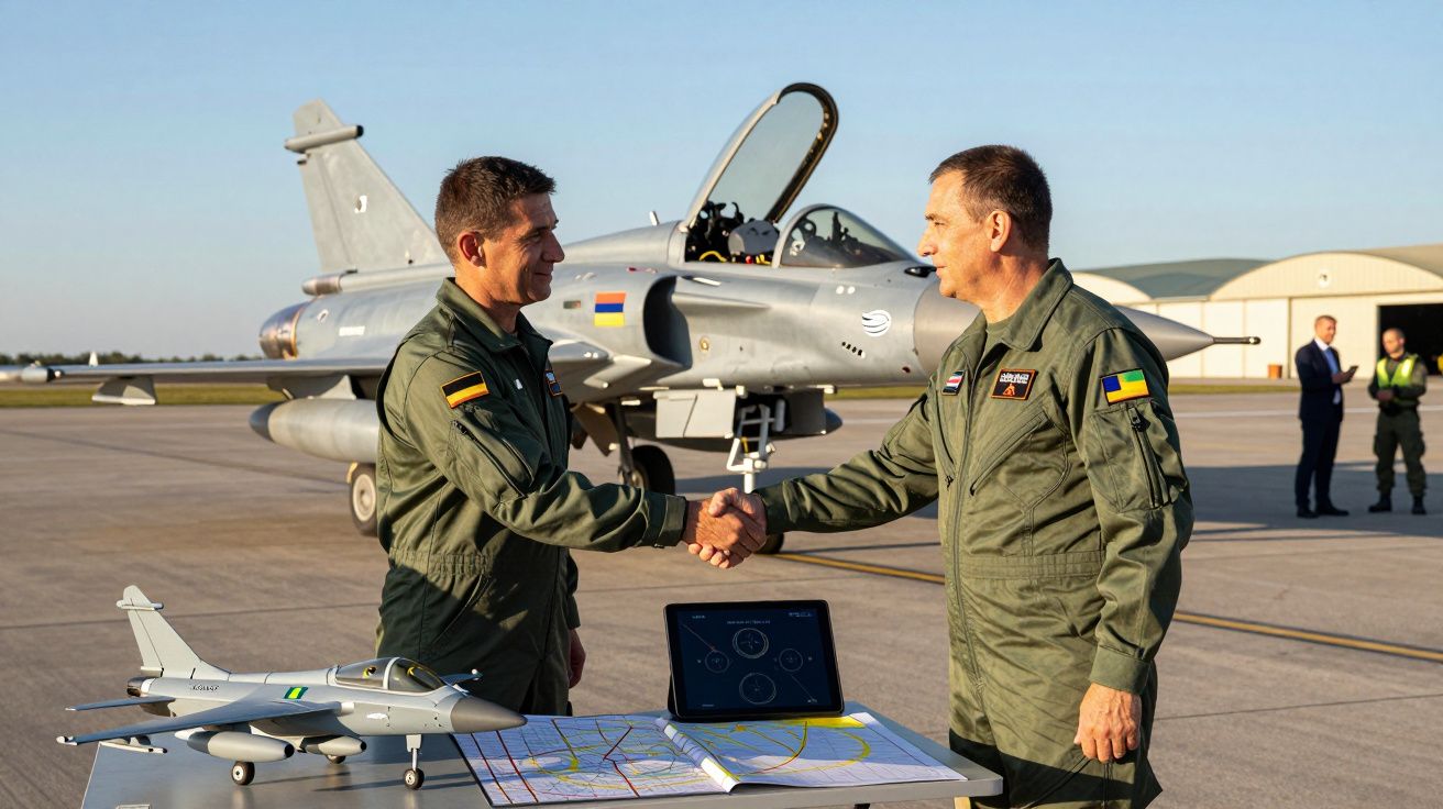Dois pilotos militares apertam as mãos numa pista com jatos de combate e mapas de voo.