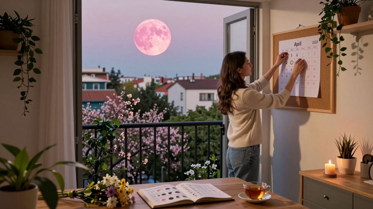 Mulher assinala datas num calendário em casa com Lua cor-de-rosa visível pela janela aberta ao entardecer.