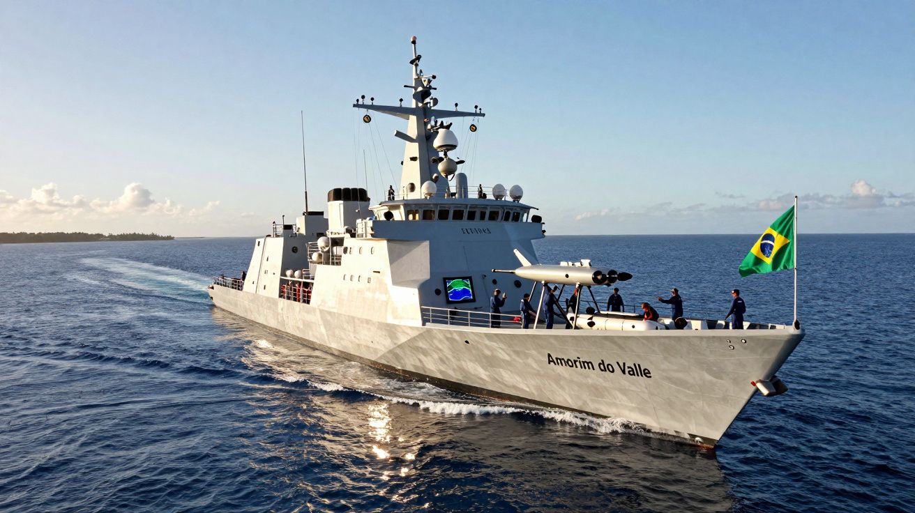 Navio de guerra brasileiro Amorim do Valle navegando ao pôr do sol com tripulação no convés.