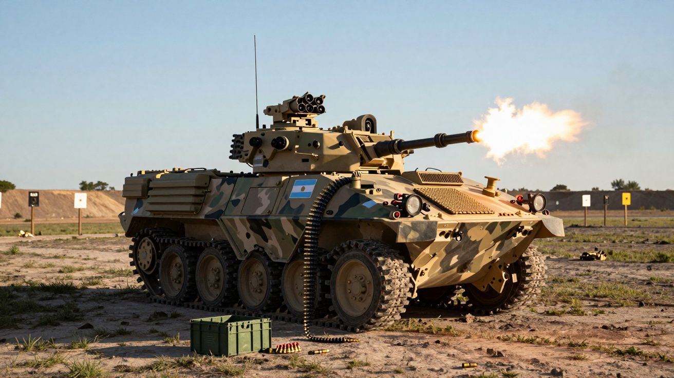 Veículo blindado camuflado com bandeira da Argentina a disparar projéteis em campo de treino militar.
