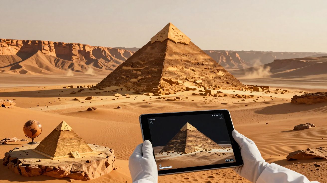 Mãos com luvas seguram tablet que mostra pirâmide em deserto árido com montanhas ao fundo.