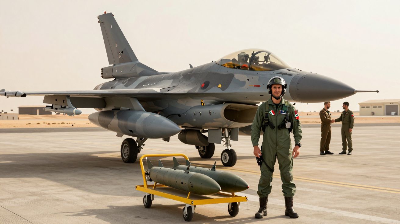 Piloto militar sorridente em frente a caça F-16 com munição no chão num aeródromo desértico.
