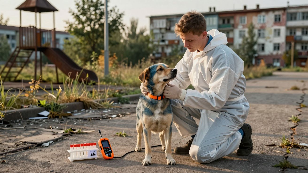 Pessoa com fato de proteção a examinar cão com coleira e equipamento de rastreamento num parque urbano abandonado.