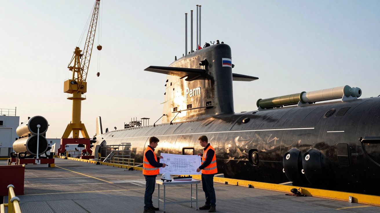 Dois trabalhadores com coletes refletores planeiam junto a um submarino preto num estaleiro naval ao entardecer.