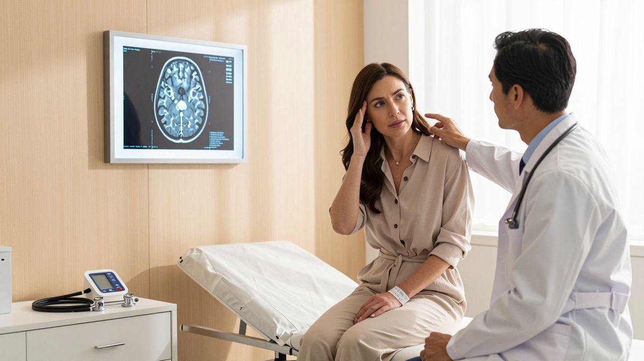 Médico consulta paciente mulher mostrando imagem cerebral num ecrã numa clínica moderna e iluminada.