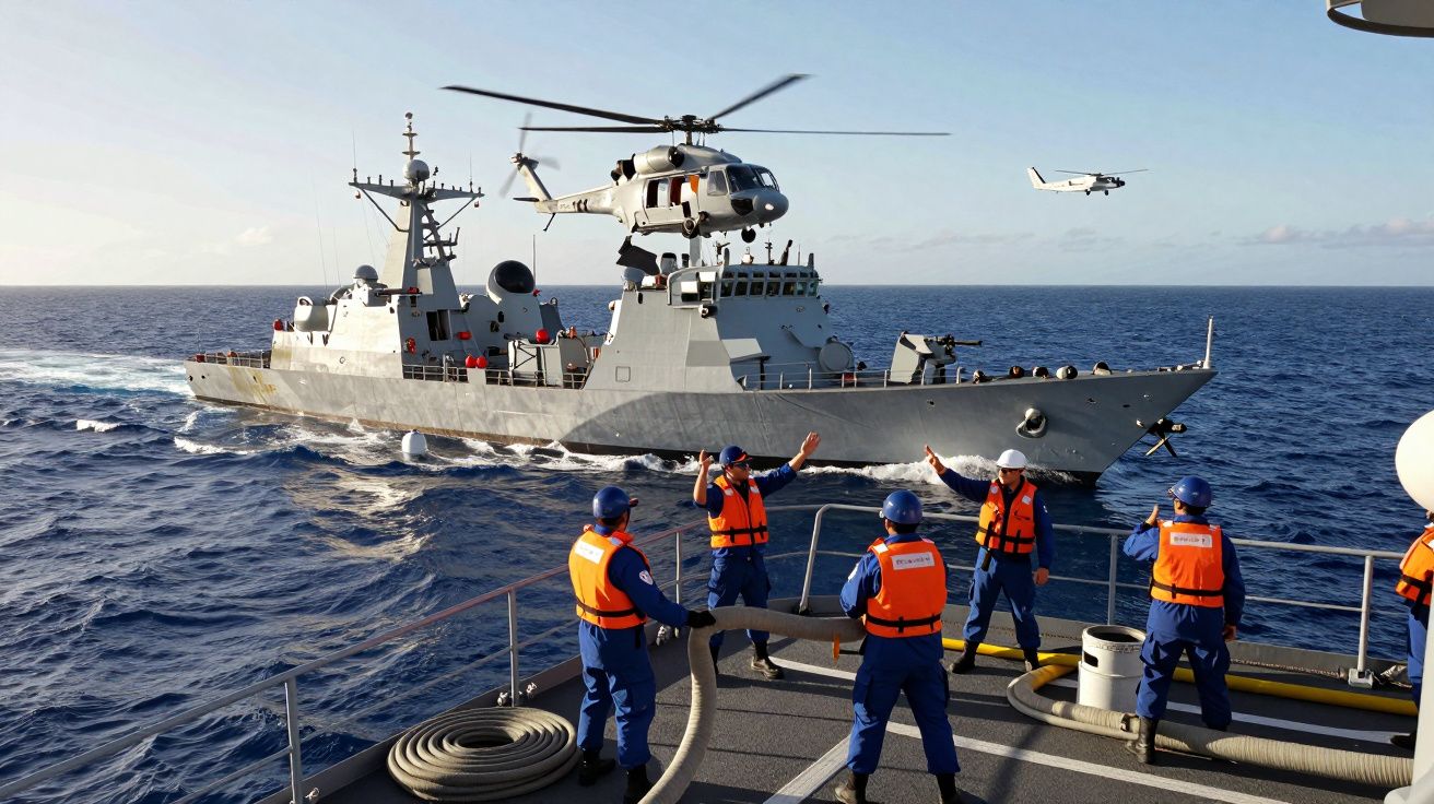 Marinheiros com coletes laranja em navio militar recebem helicóptero que paira acima no mar aberto.
