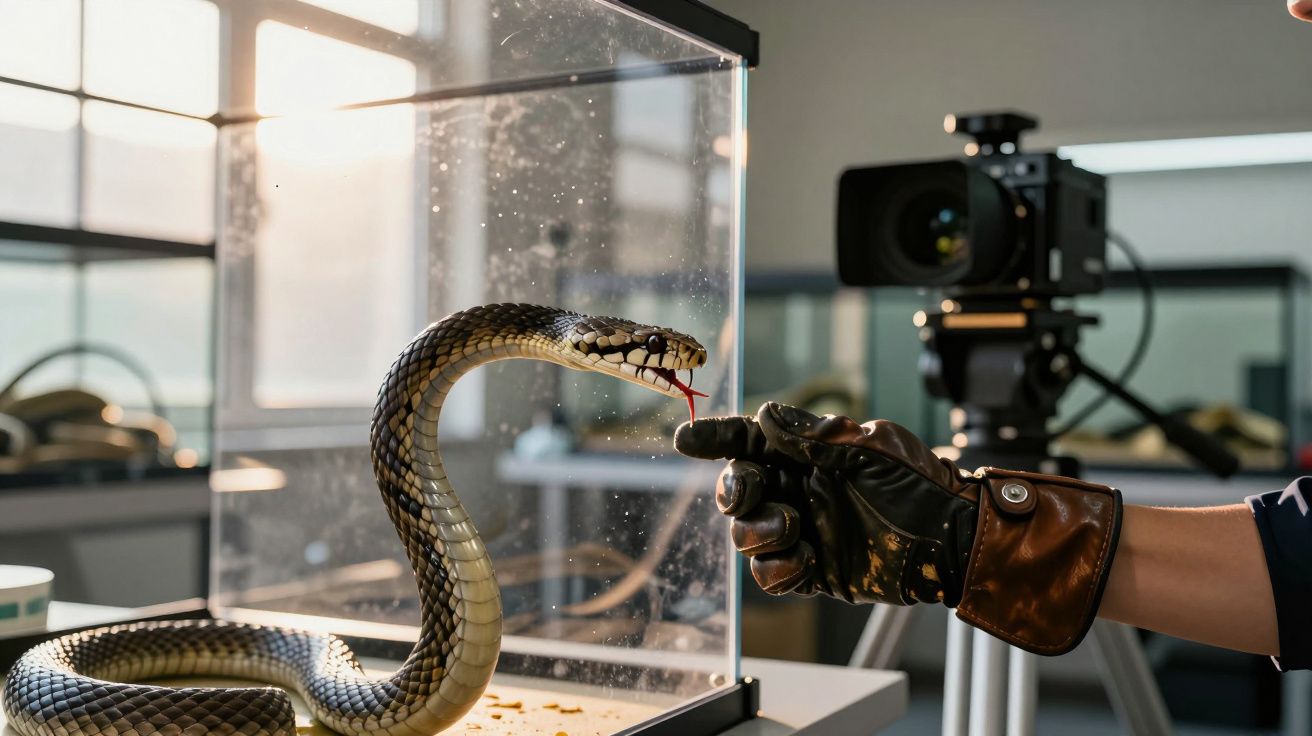 Cobra numa caixa de vidro toca a mão de uma pessoa com luva de proteção num estúdio de filmagem.