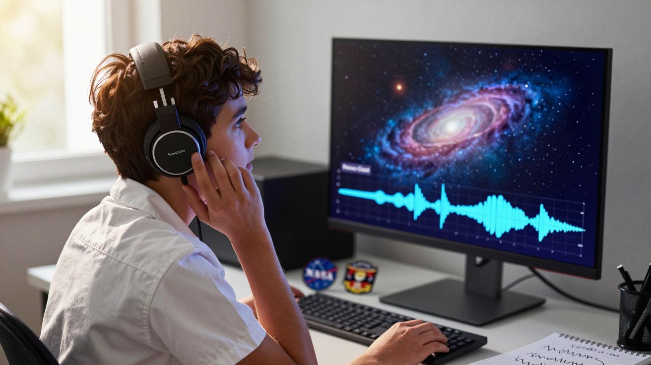 Jovem com auscultadores ouve e observa imagem de galáxia e gráfico de ondas sonoras num ecrã de computador.