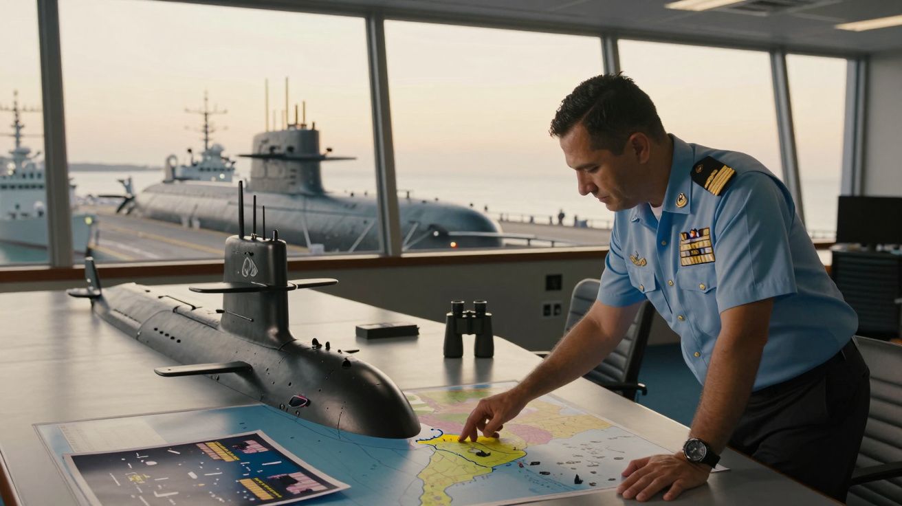 Oficial naval a analisar mapa com modelo de submarino em sala com vista para submarino real ancorado.