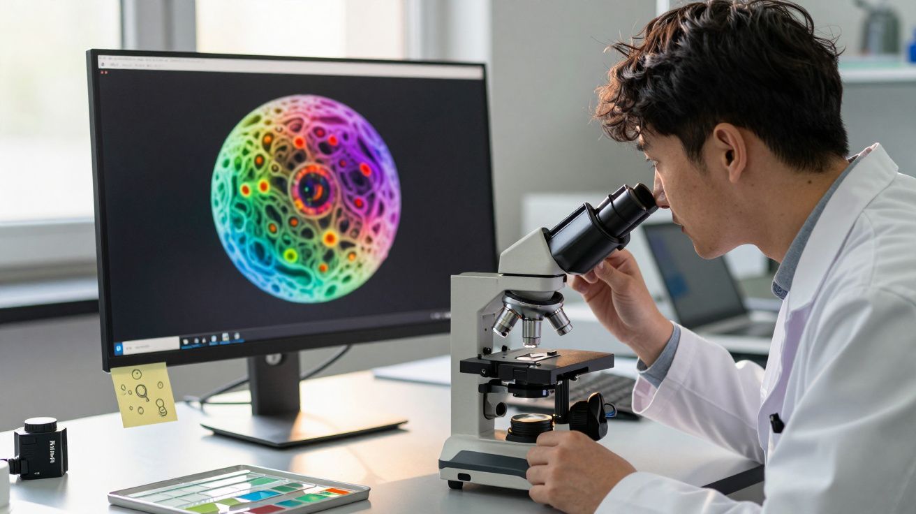 Homem com bata branca observa amostra ao microscópio em laboratório com imagem colorida na tela do computador.