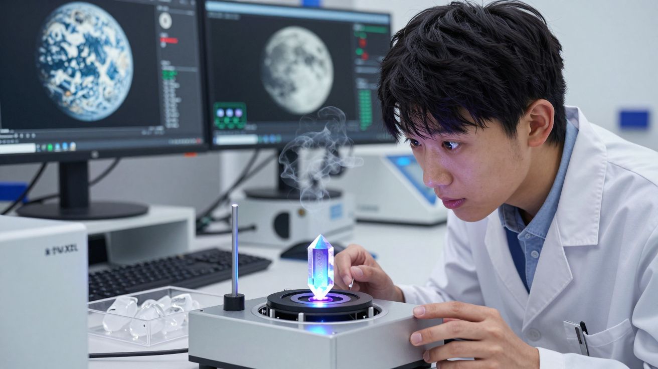 Cientista observa cristal iluminado com vapor, em laboratório com ecrãs a mostrar imagens da Terra e Lua.