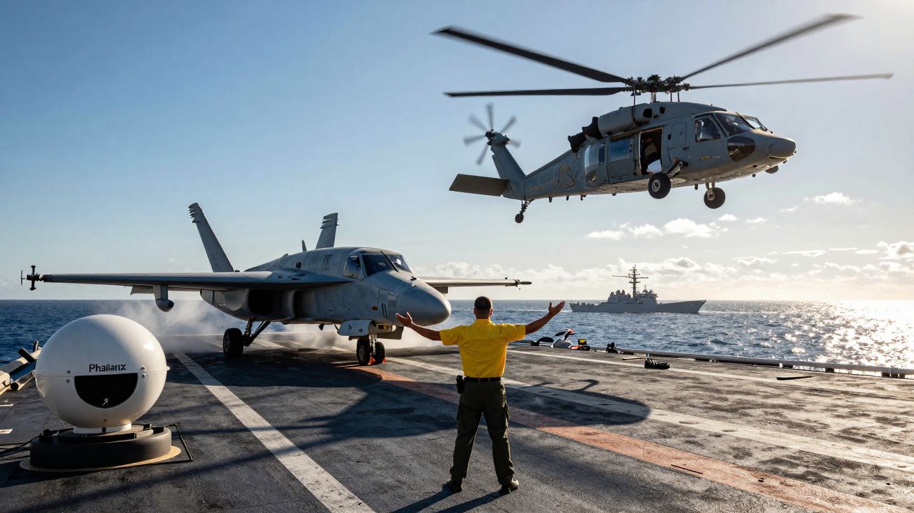 Homem orienta helicóptero a aterrar em porta-aviões com avião estacionado e navio ao fundo no mar.