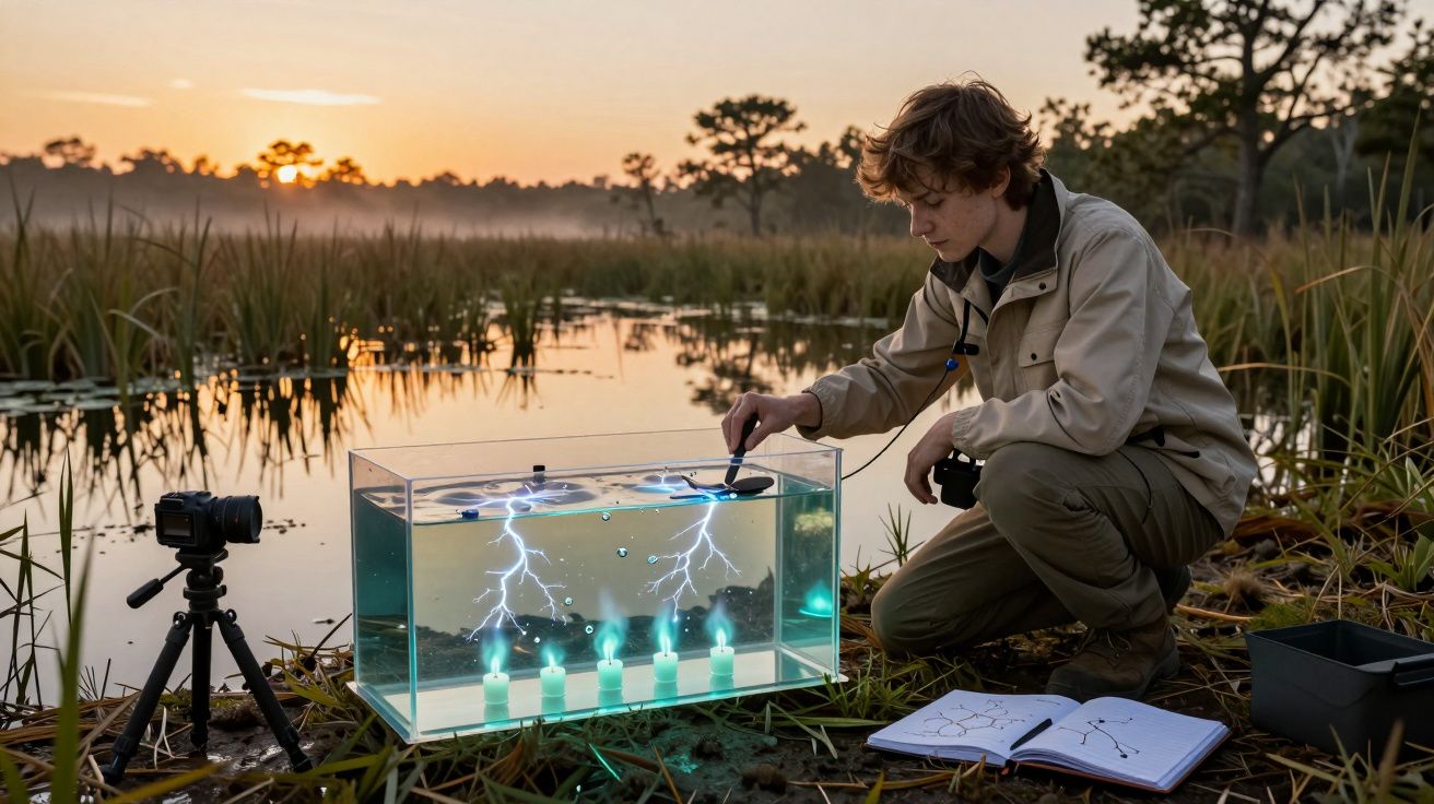 Jovem observa experimento científico com tanque de água e descargas elétricas ao pôr do sol junto a lagoa.