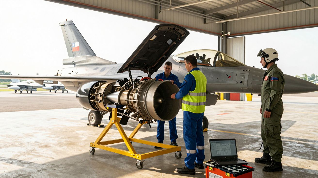 Técnicos militares inspecionam motor de caça F-16 numa garagem com outro avião ao fundo.