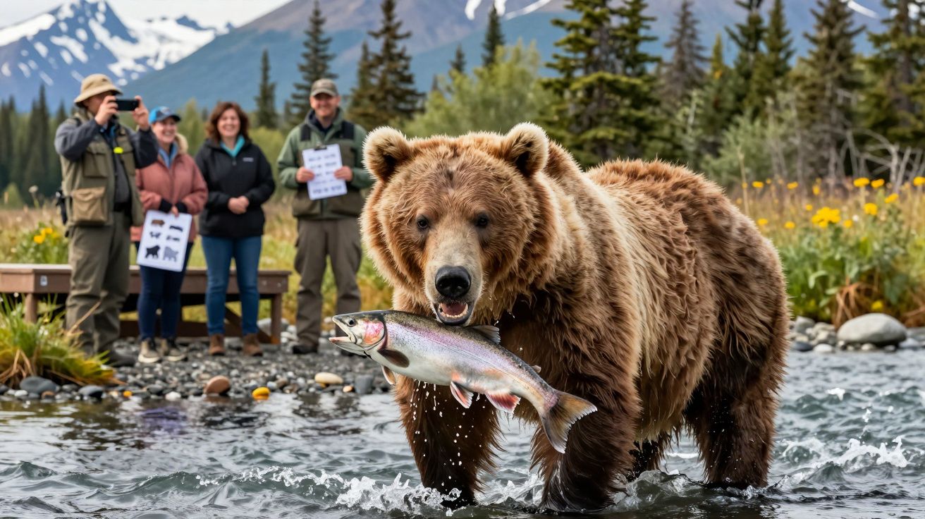 Urso pardo com um peixe na boca em riacho, com quatro pessoas a observar ao fundo na natureza.