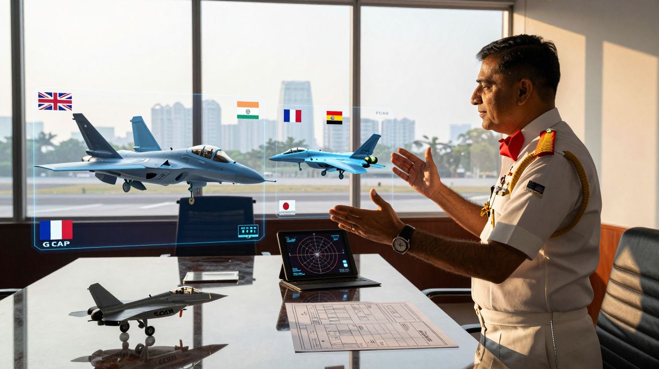 Militar indiano em uniforme apresenta modelos de caças em mesa com gráficos e bandeiras internacionais no vidro.