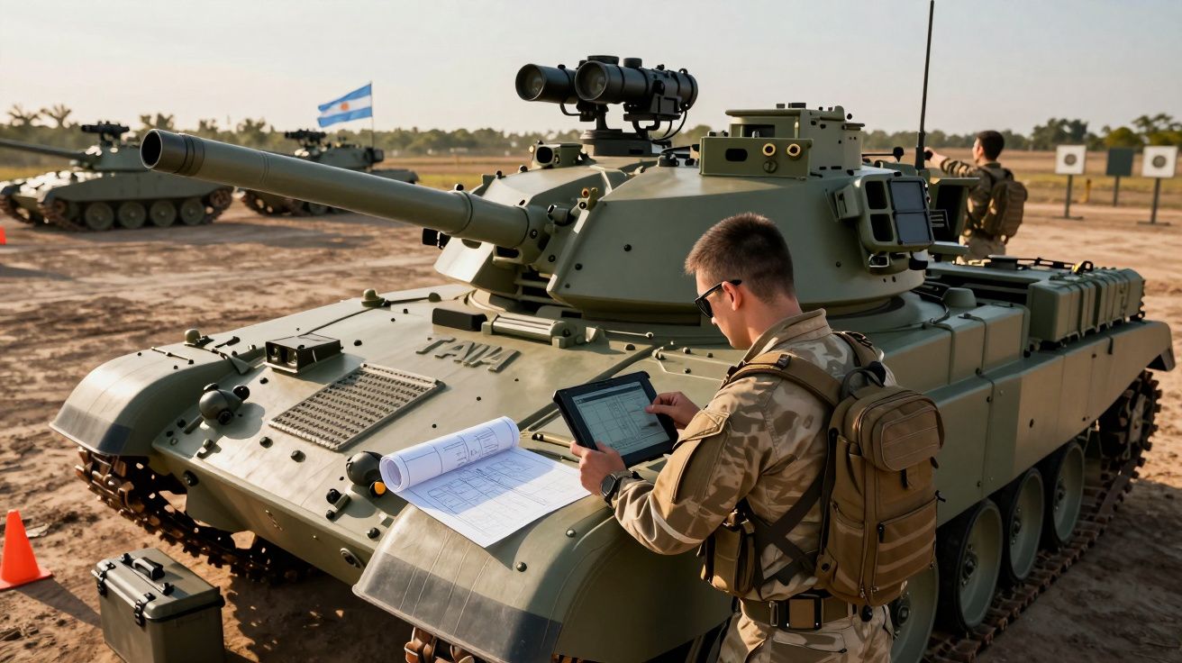 Soldado em uniforme militar usando tablet junto a tanque de guerra TAVA numa área de treino ao ar livre.