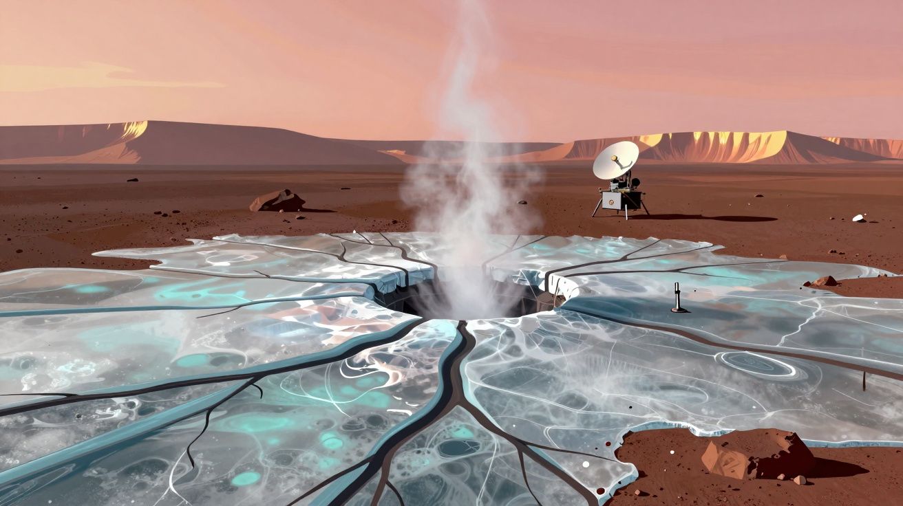 Superfície árida com crateras geladas e vapor a emergir, e equipamento robótico de exploração ao fundo.