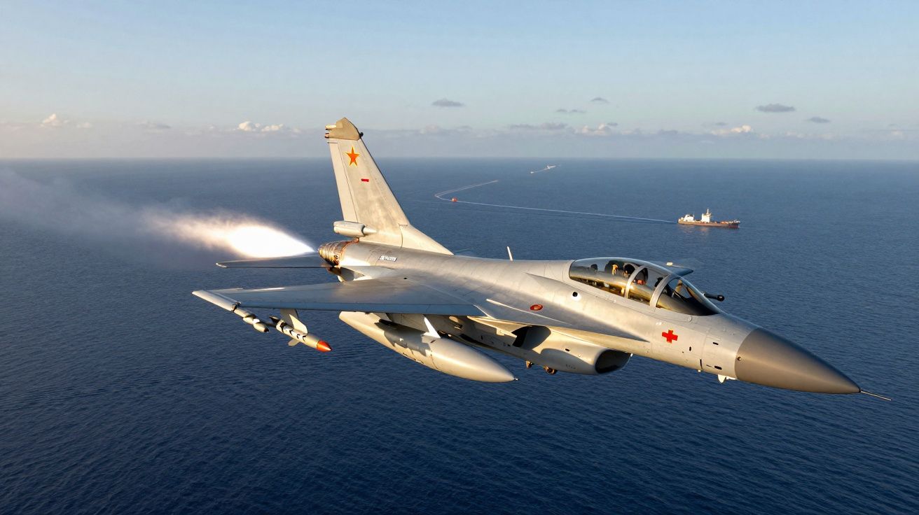 Caça militar a jato cinzento com pós-combustor ativado a voar sobre o mar com navios ao fundo.