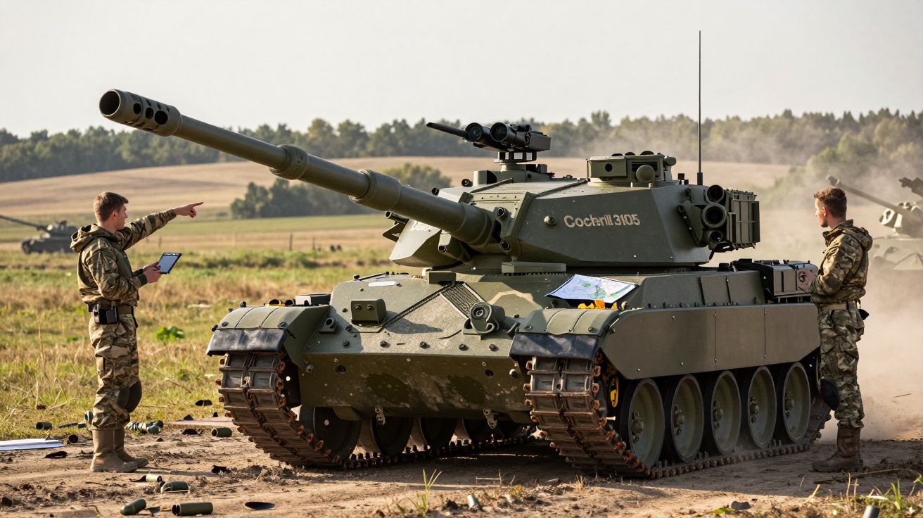 Tanque militar verde com soldados em uniforme camuflado numa planície durante exercício.