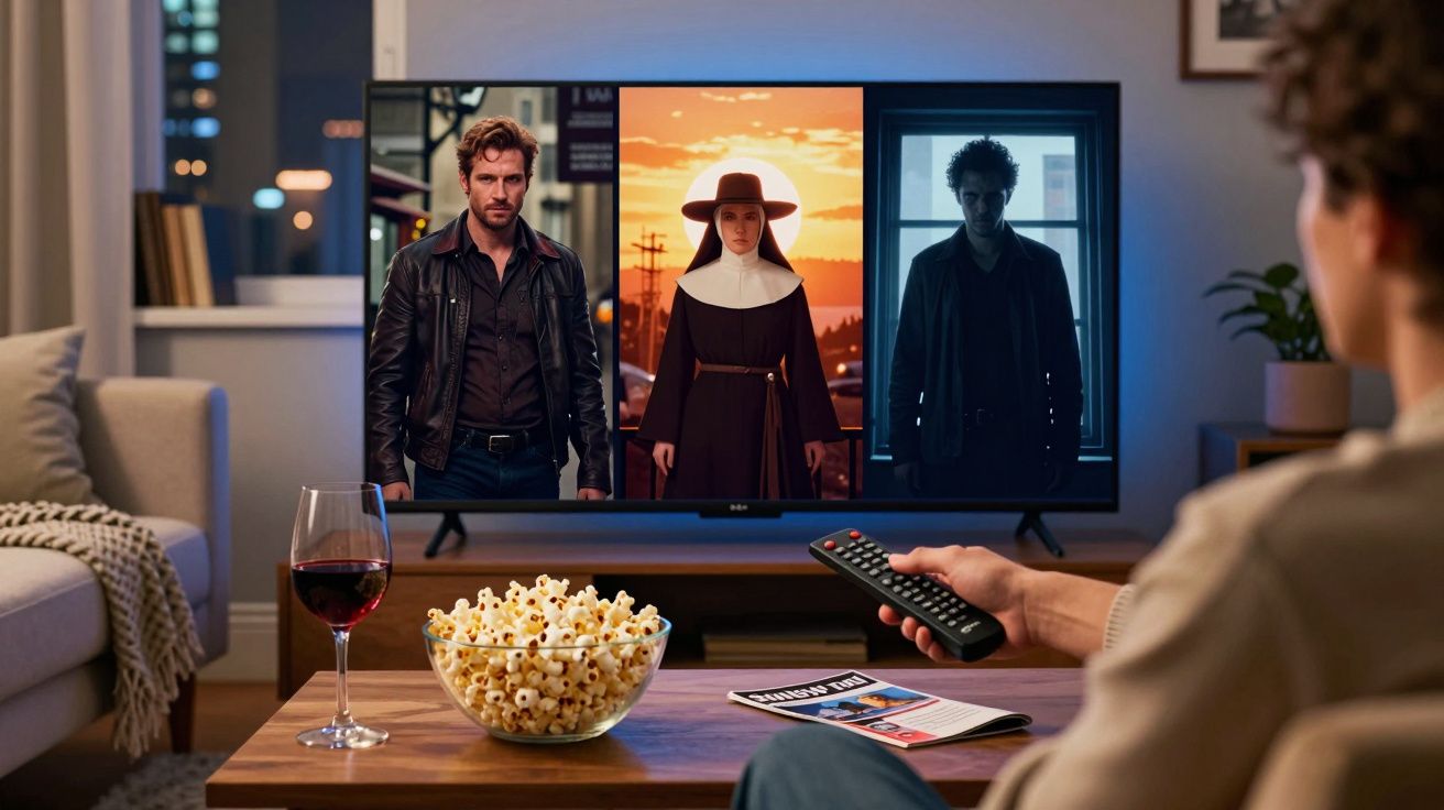 Pessoa sentada no sofá a ver filme de três personagens, com taça de vinho e tigela de pipocas na mesa.