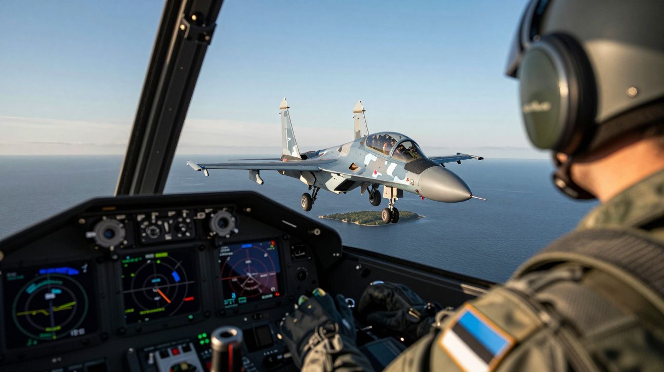 Cockpit de avião militar com piloto, com outro caça a voar próximo sobre o mar e uma ilha pequena ao fundo.
