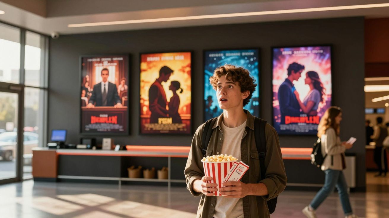Jovem com mochila segura pipocas e bilhete num cinema com cartazes de filmes ao fundo.