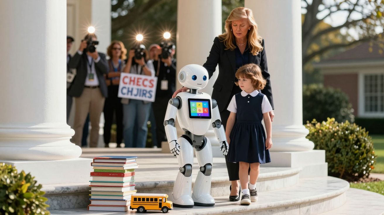 Mulher com criança e robô branco com ecrã a cores em escadaria, com livros e brinquedo e fotógrafos ao fundo.