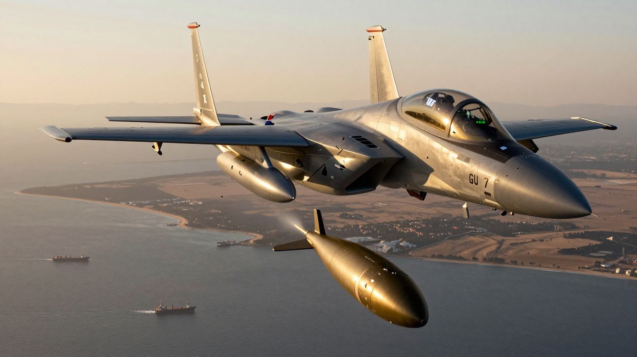 Caça militar a jato voando sobre a costa com mísseis visíveis sob as asas ao pôr do sol.