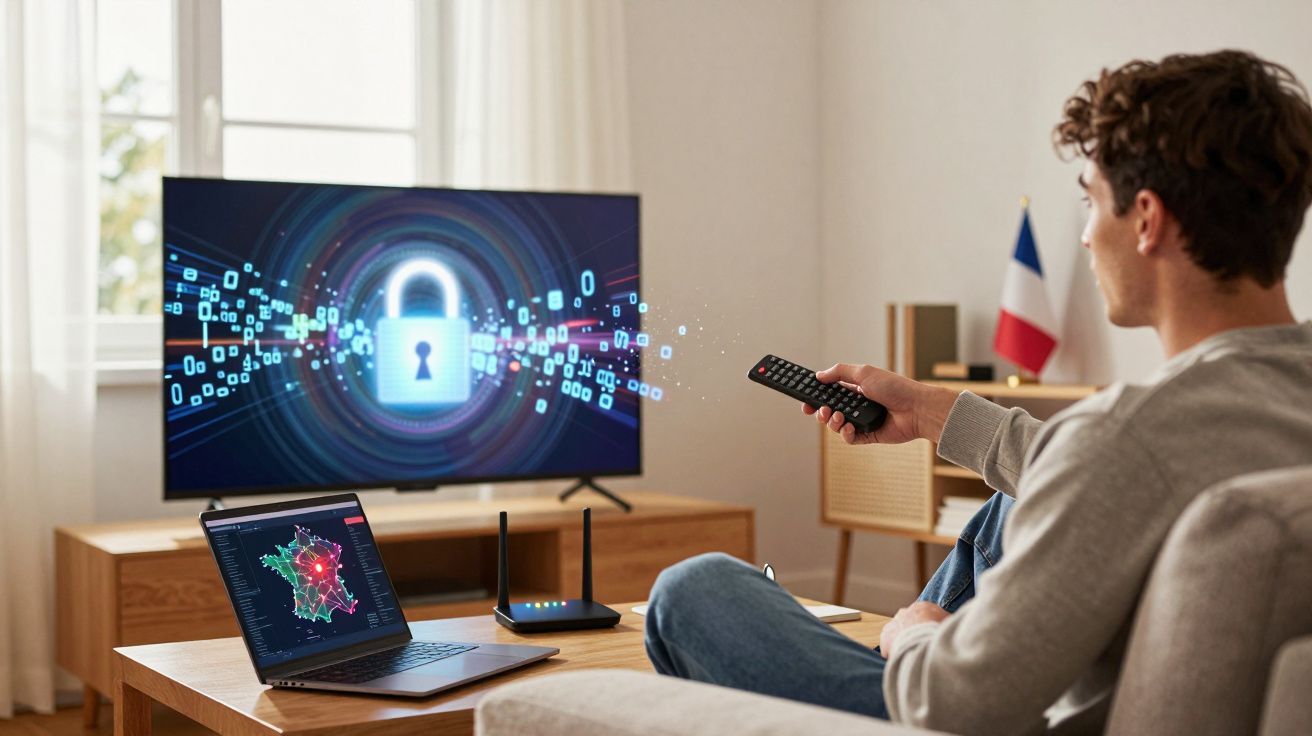 Pessoa sentada no sofá com telecomando, laptop e router, TV com imagem digital de cadeado e dados à frente.