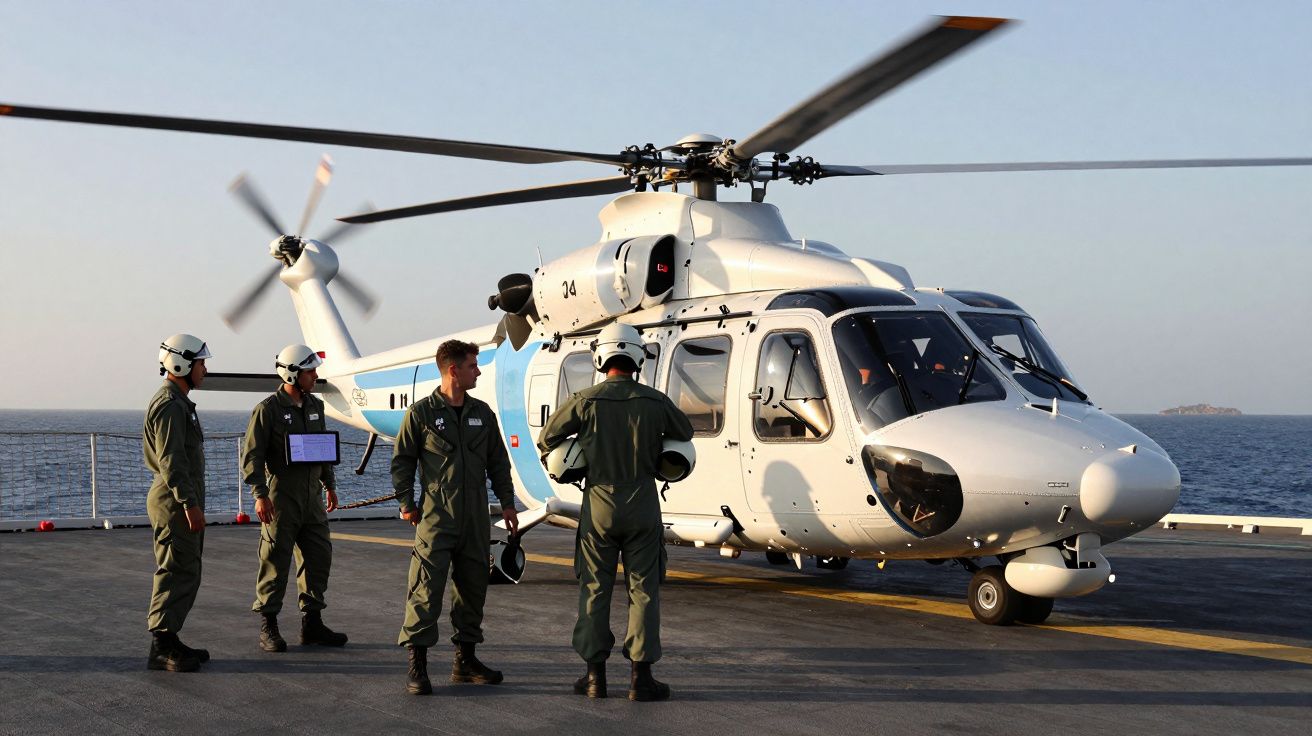 Quatro militares junto a um helicóptero branco numa plataforma de lançamento no mar ao pôr do sol.