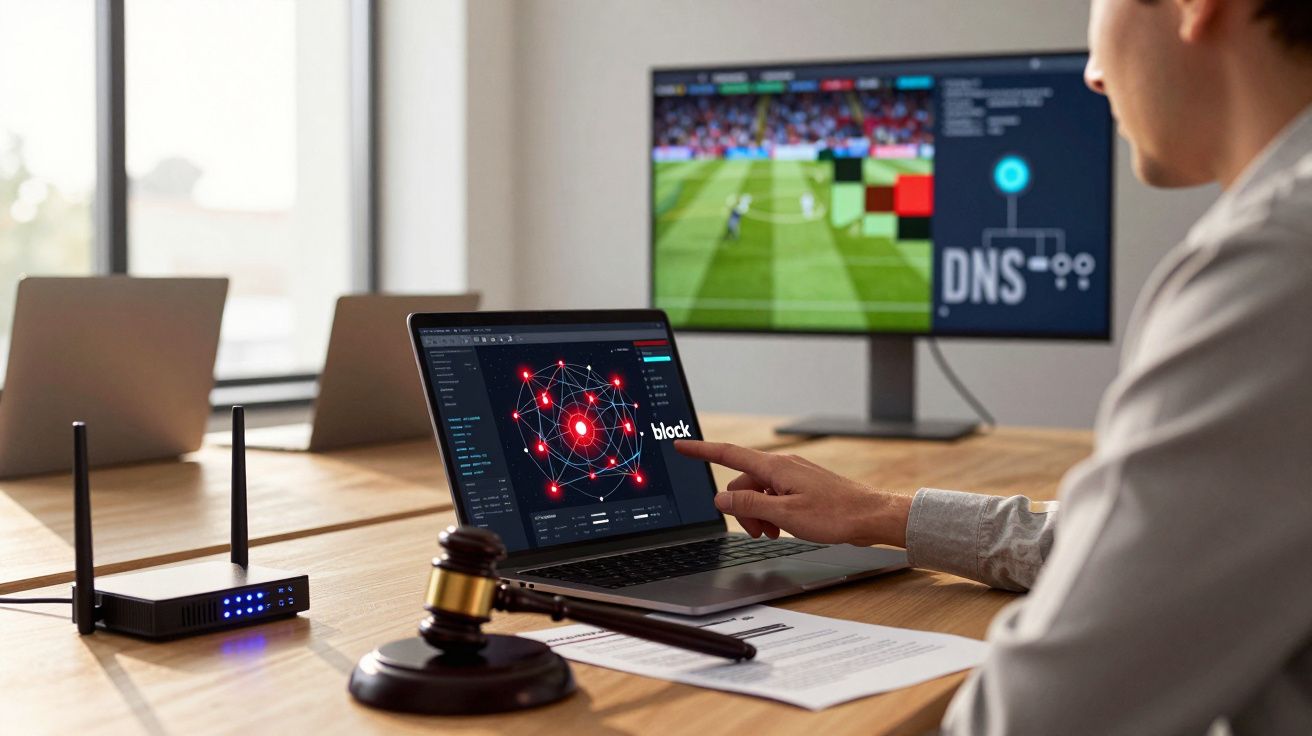 Pessoa a usar portátil para bloquear ataque cibernético, com martelo de juiz e router na mesa, e ecrã de futebol ao fundo.