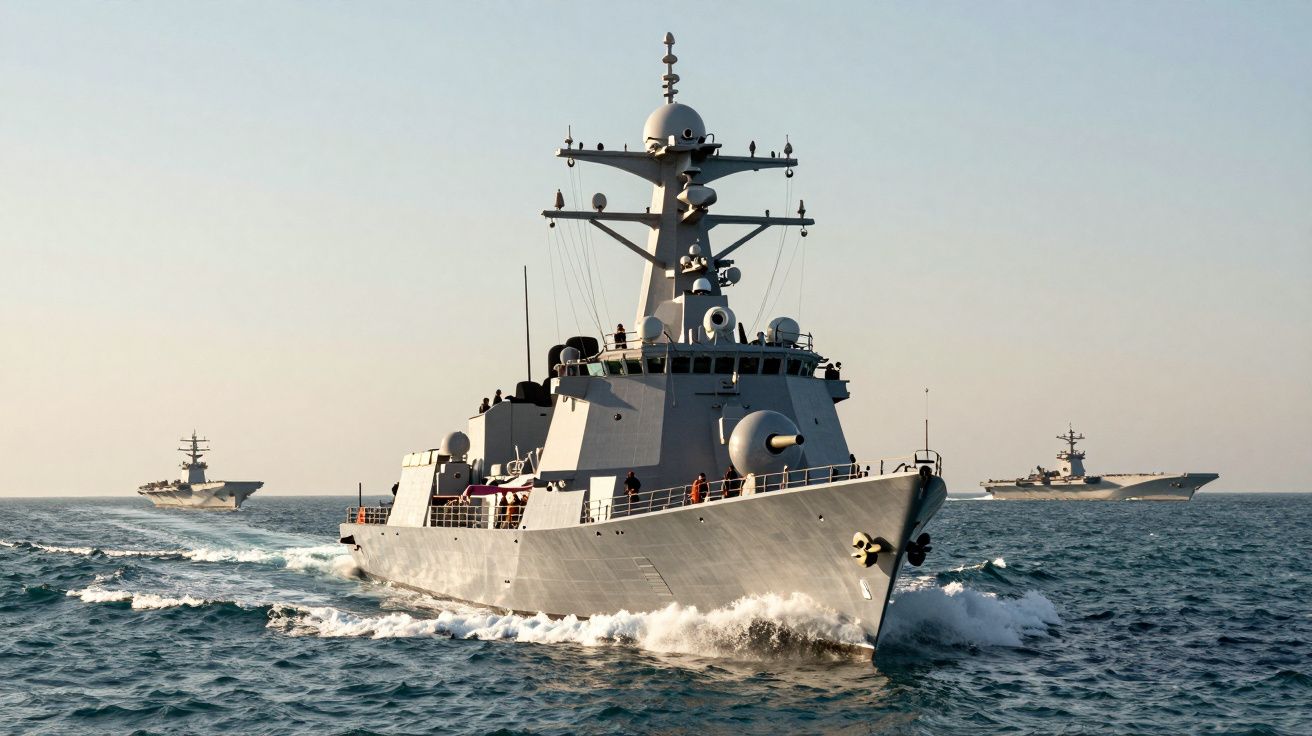 Navios de guerra militares a navegar no mar em dia claro, com ondas pequenas e céu limpo.