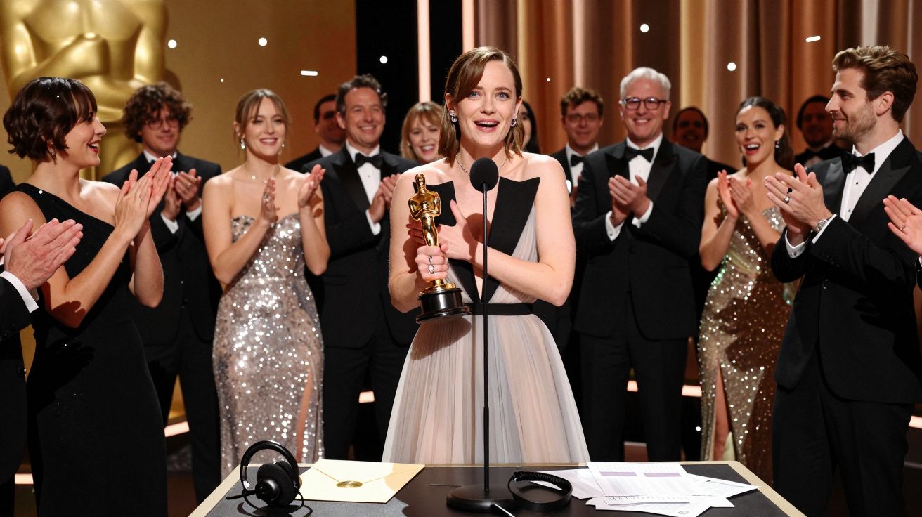 Atriz emocionada segura estatueta de Oscar enquanto grupo aplaude em cerimónia formal.