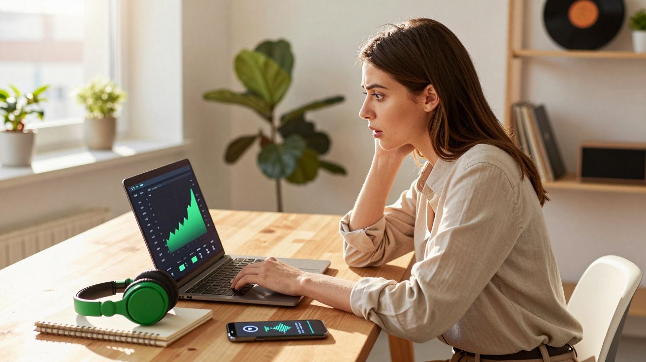 Mulher sentada a câmara de madeira, a usar computador portátil com gráfico de crescimento.