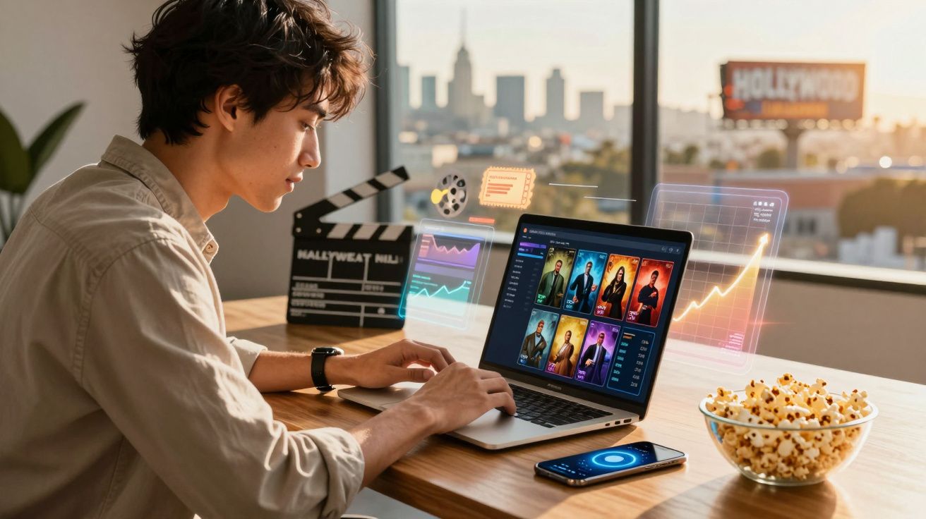 Jovem trabalha num laptop com imagens de filmes e gráficos digitais, perto de uma tigela de pipocas.