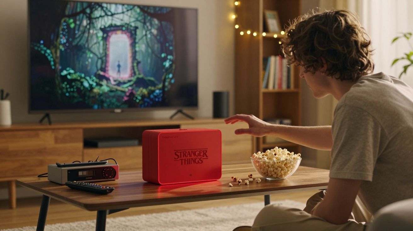 Jovem sentado em frente à TV, pegando pipocas, com caixa vermelha Stranger Things na mesa da sala.