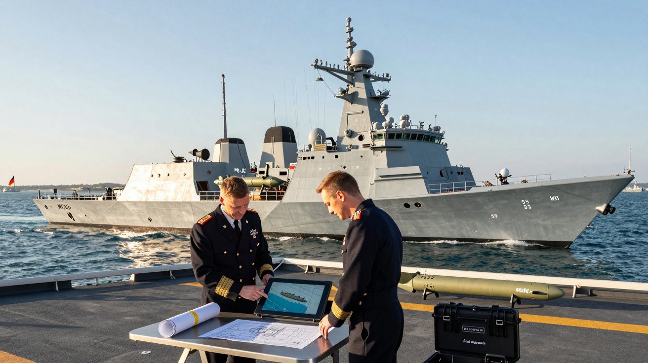 Dois oficiais navais analisam mapas e imagens digitais a bordo, com um navio de guerra ao fundo no mar.